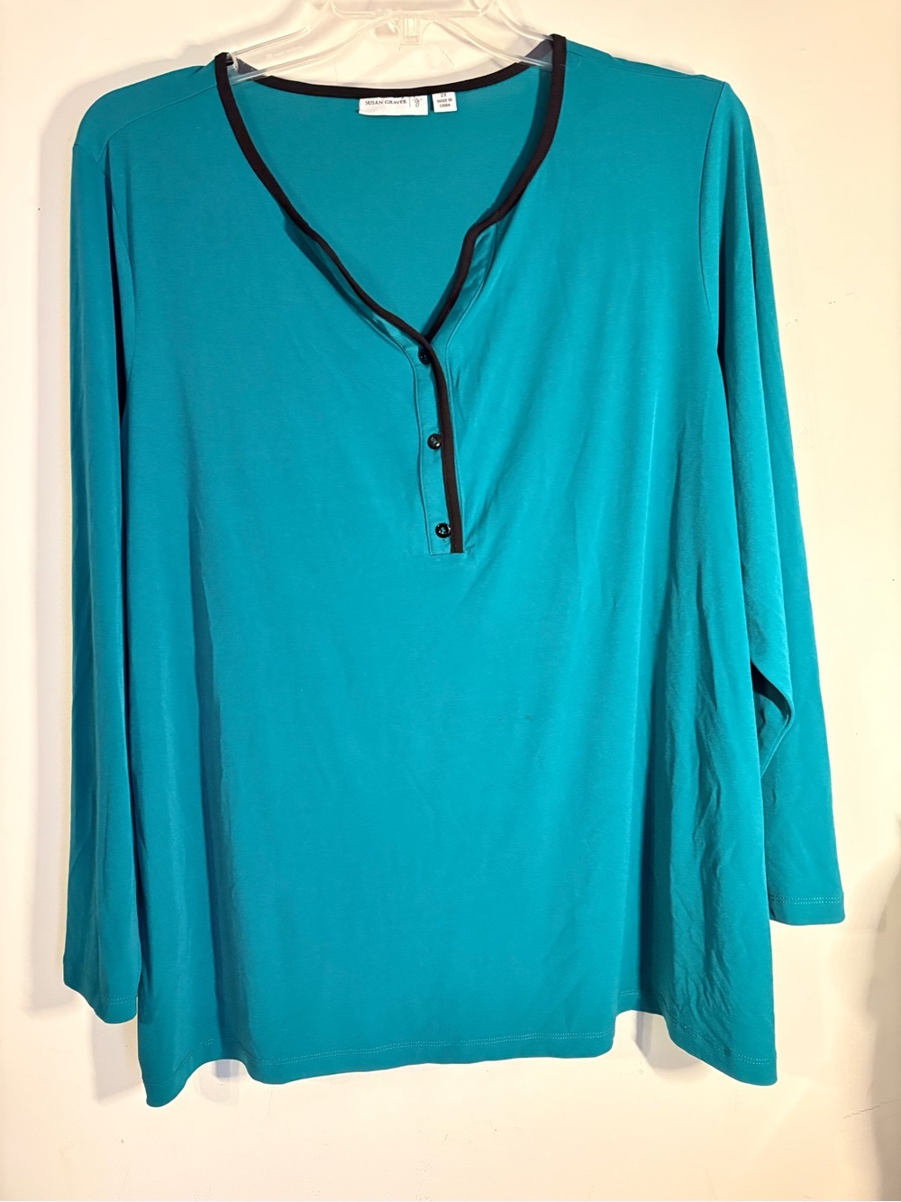 Susan Graver Teal Long-Sleeve Henley Top with Black Trim